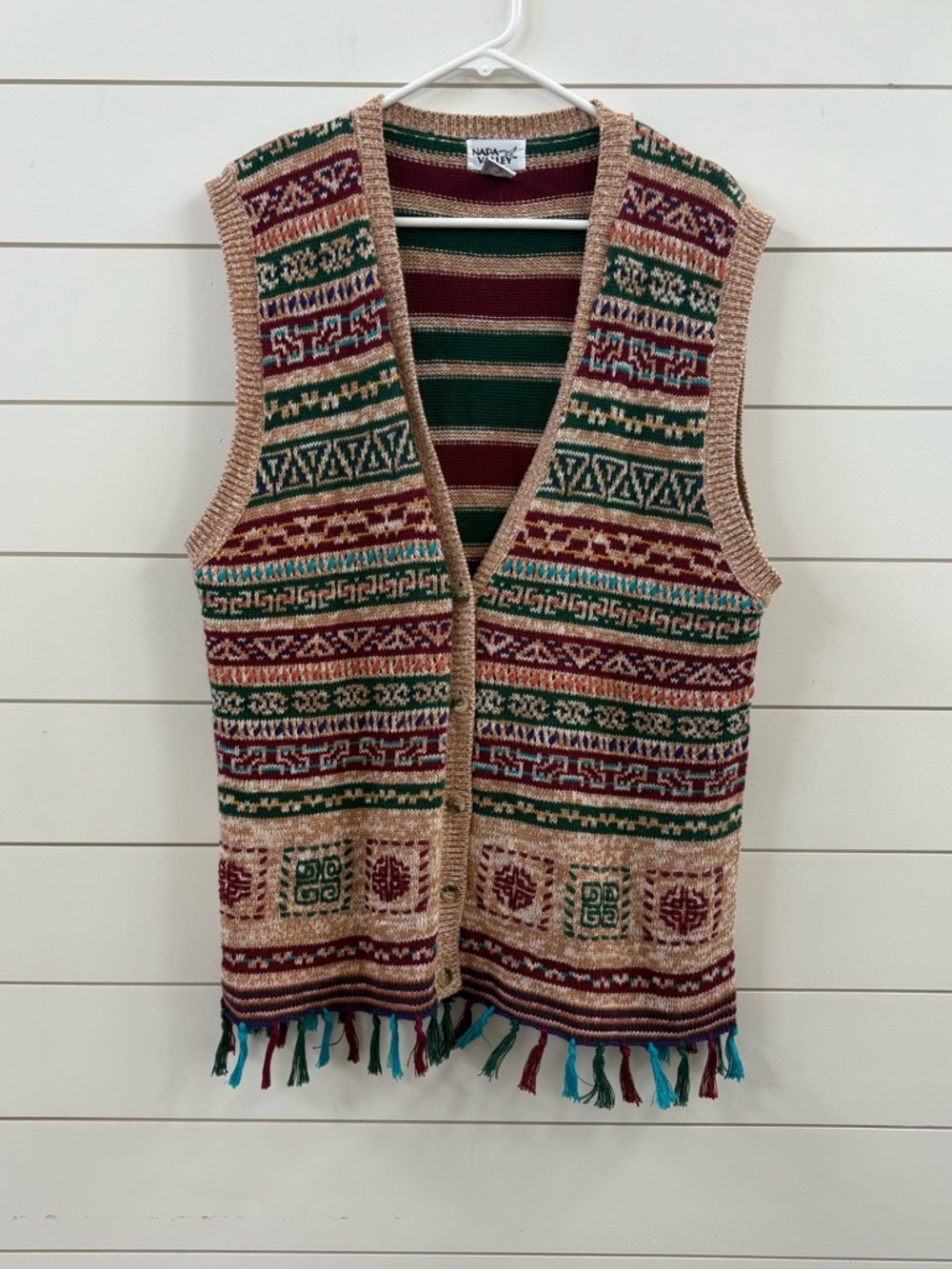 Vintage Napa Valley 90s Sweater- Geometric fair Isle Pattern with Tassels